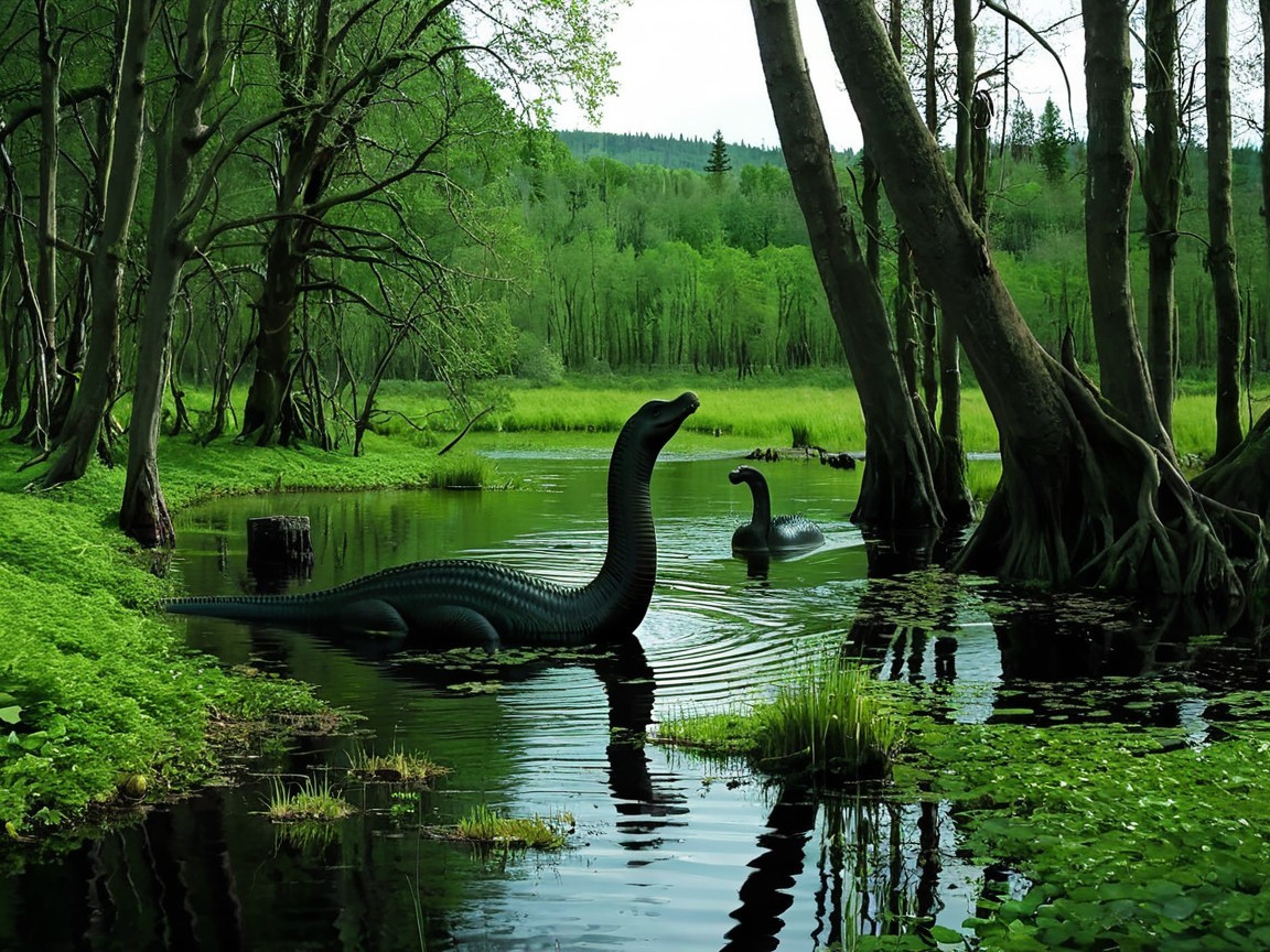 Long-necked Dinosaurs in a Lush Swamp Setting