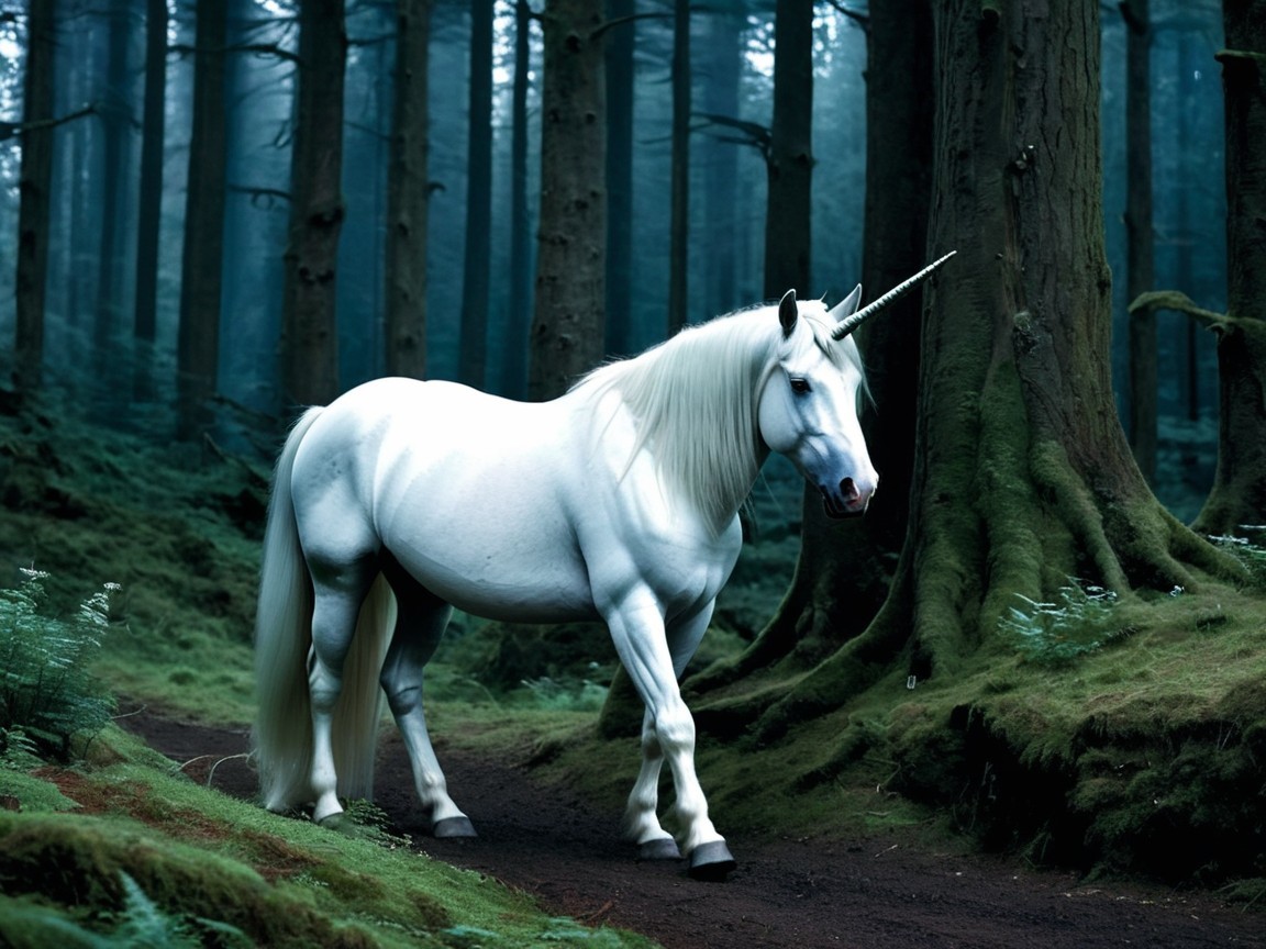 Unicorn in a Misty Forest Path with Lush Foliage