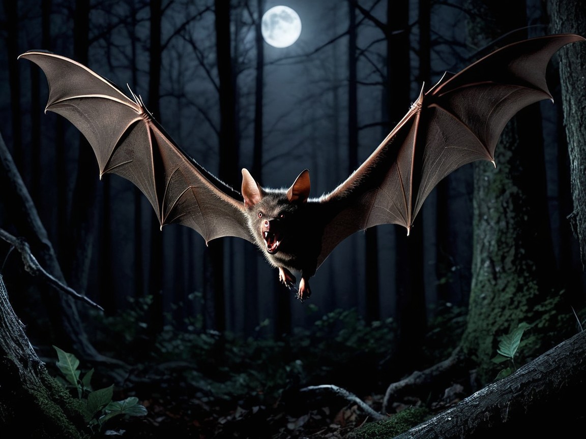 Large bat in flight against dark moonlit forest