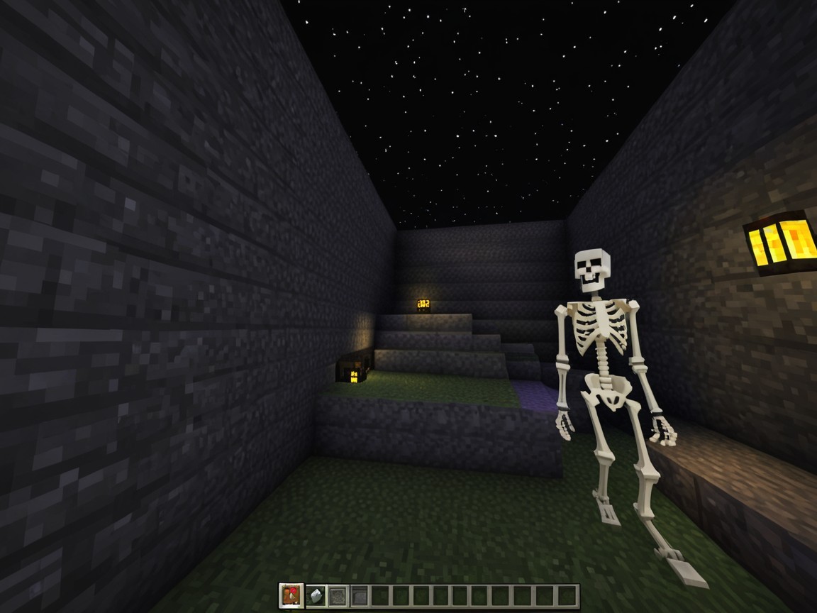Skeleton in a Minecraft Pathway Under Starry Sky