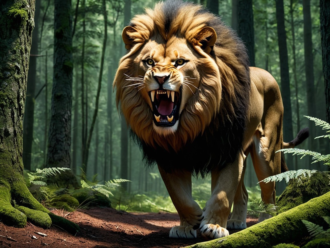 Lion in Lush Forest with Roar and Vibrant Mane