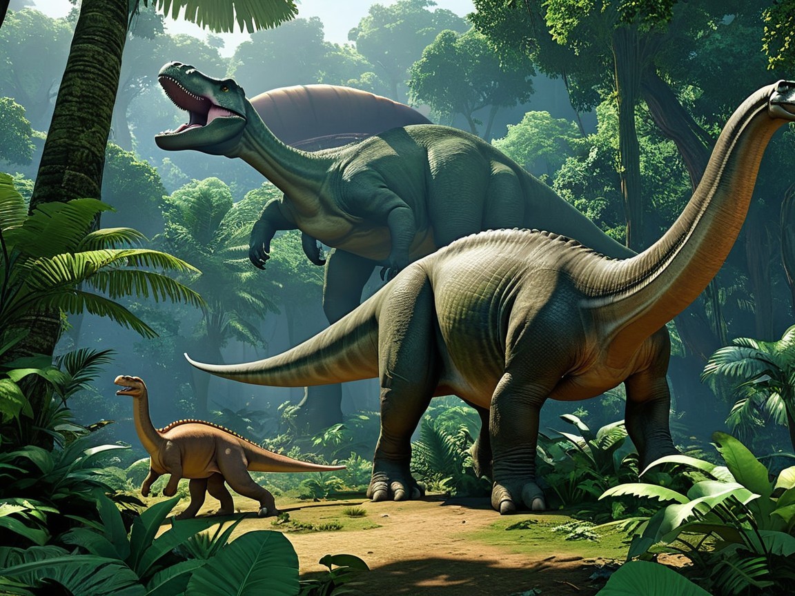 Dinosaurs in a Prehistoric Jungle Setting