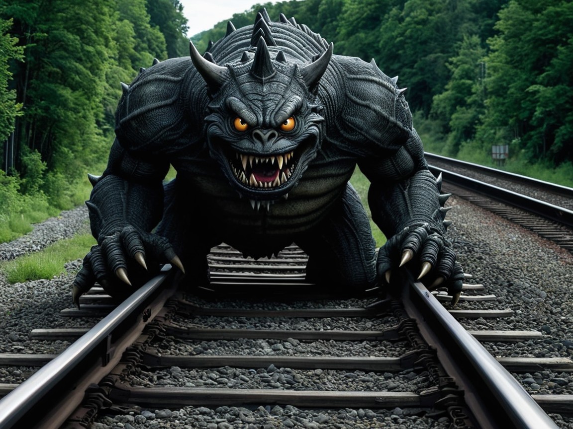 Menacing Creature on Railway Tracks with Green Trees
