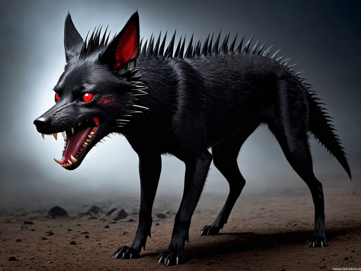 Mythical black dog in a desolate, ominous landscape