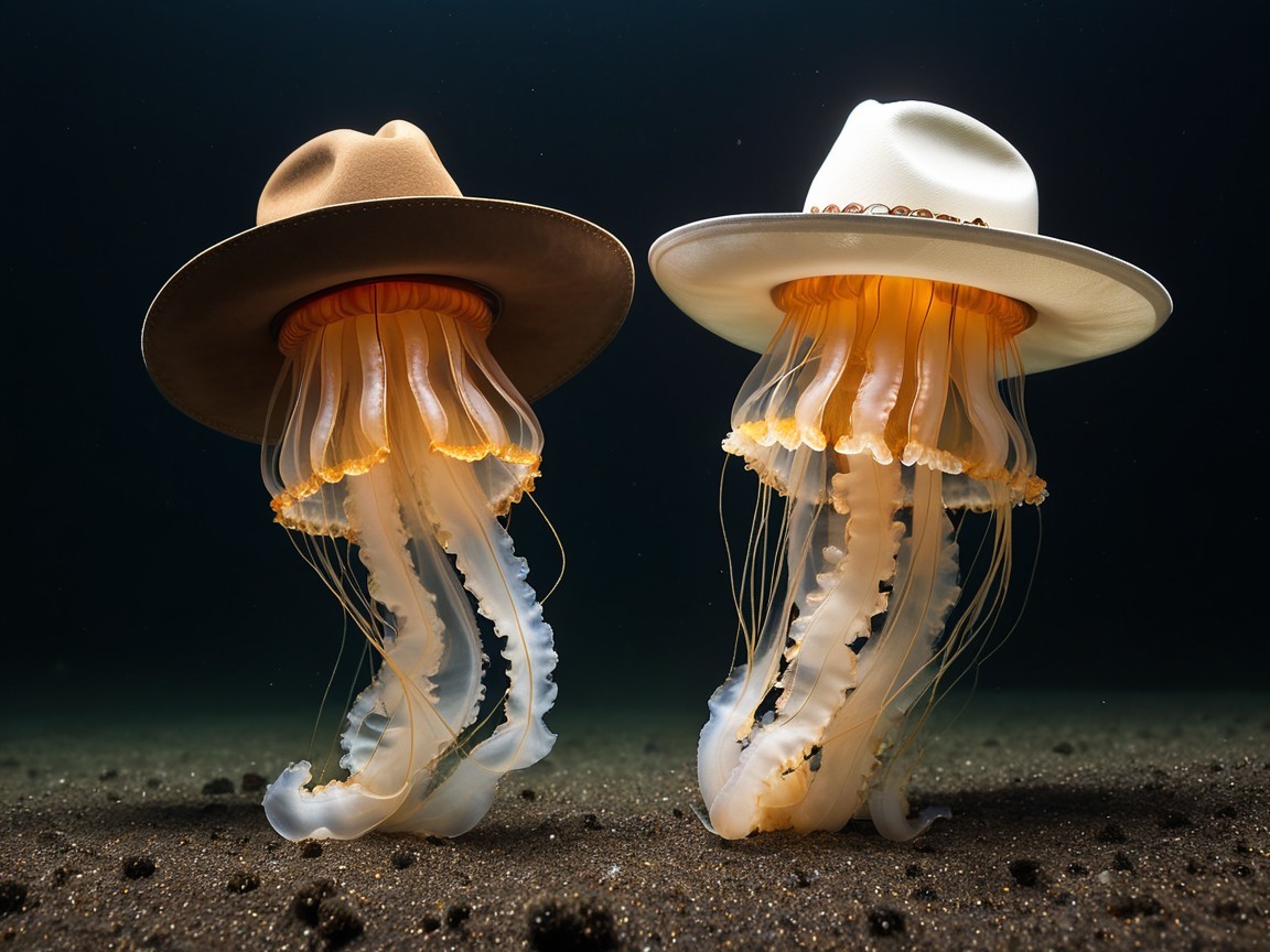 Whimsical Jellyfish with Stylish Hats Underwater Scene