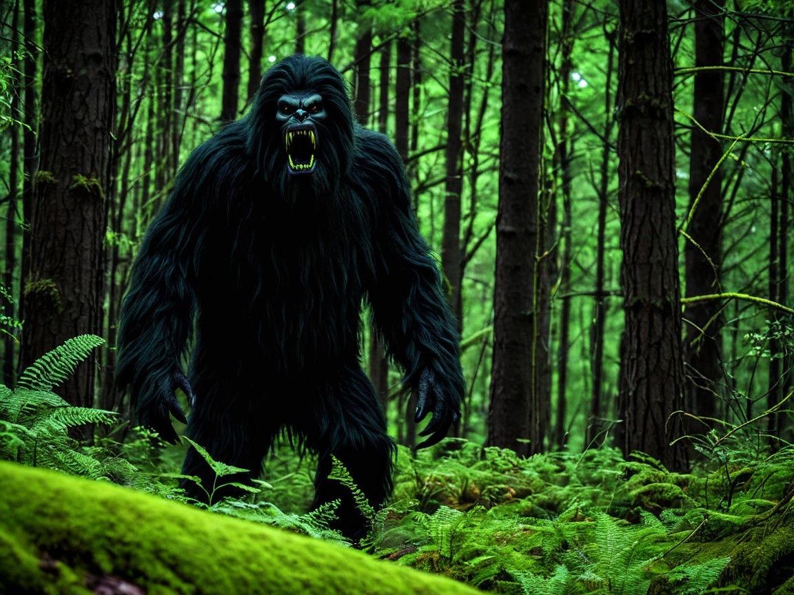 Large hairy creature in lush forest setting