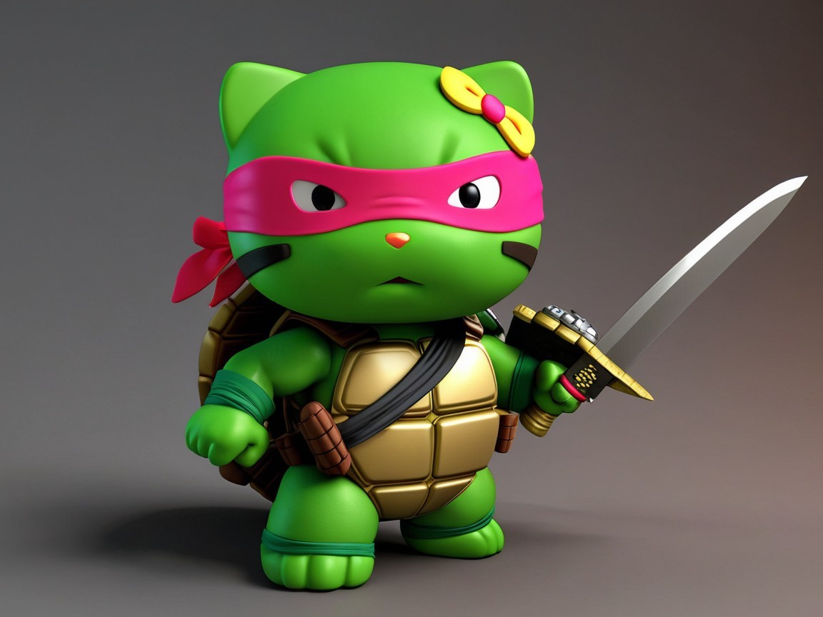 Cute Cat-Ninja Turtle Character with Vibrant Features