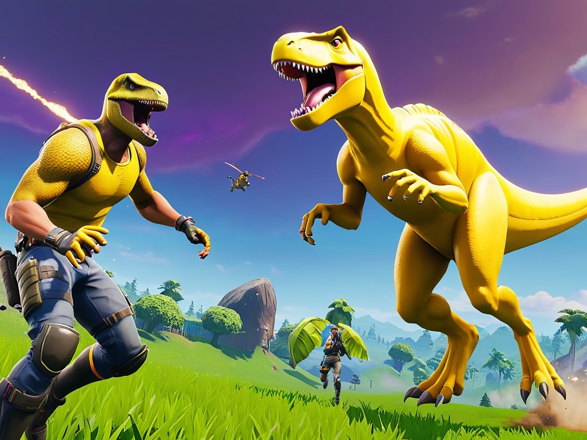 Dinosaur Costumed Characters in Animated Landscape Scene