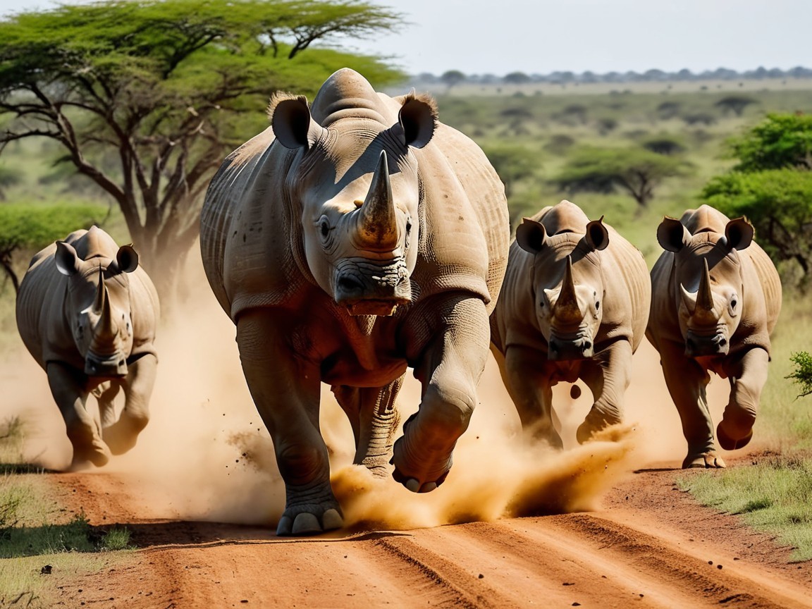 Rhinoceroses Charging on a Dusty Savanna Path