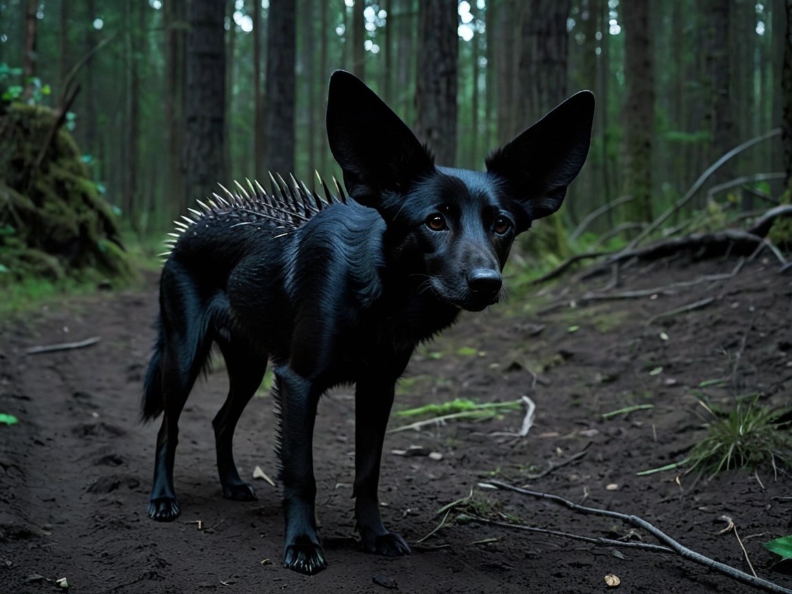 Mysterious Black Dog on Forest Path Surrounded by Trees