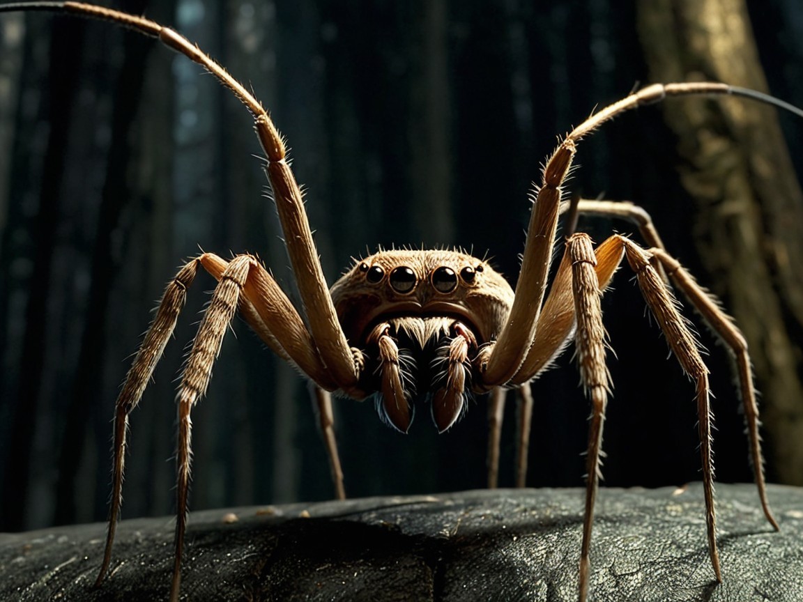 Close-up of a large spider in a dim forest setting