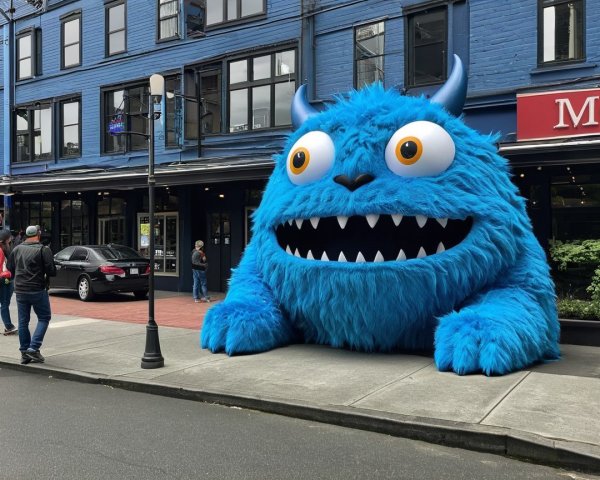 Giant blue furry monster captivates urban sidewalk scene