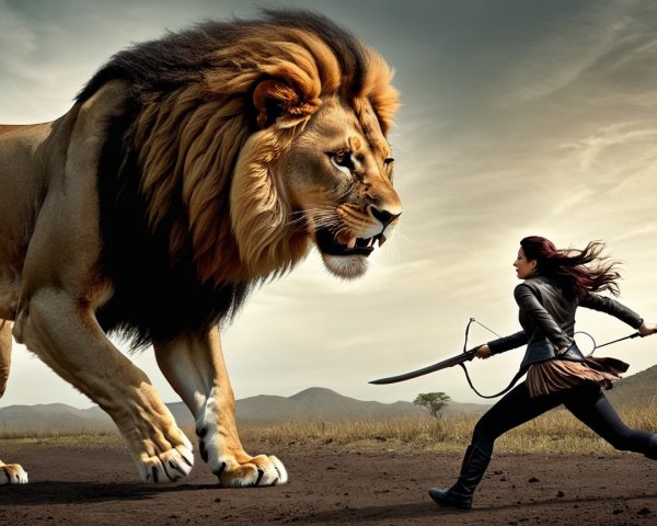 Warrior and Lion Confrontation in Arid Landscape