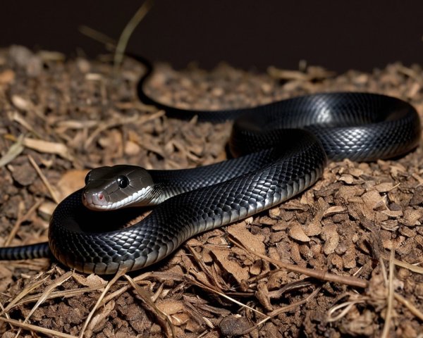 Black Snake on Dry Leaves with Glossy Scales