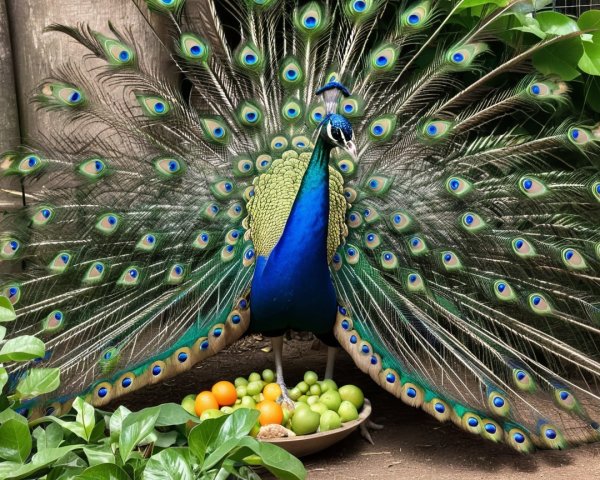 Peacock with Vibrant Plumage Among Assorted Fruits