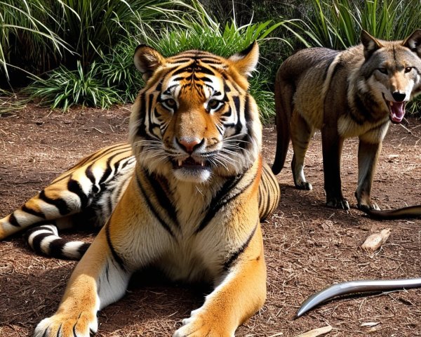 Majestic tiger and alert wolf in lush greenery habitat
