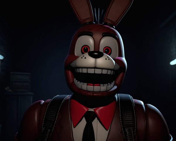 Cartoonish animatronic character with eerie features