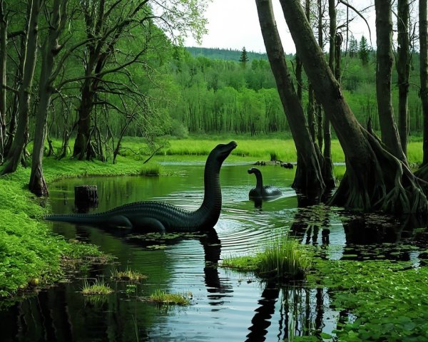 Long-necked Dinosaurs in a Lush Swamp Setting