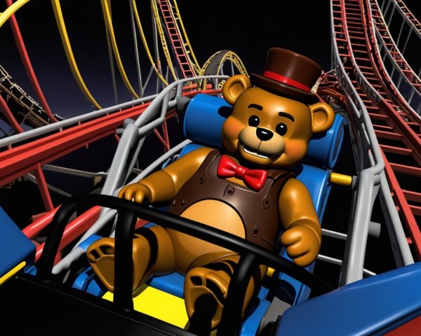 Cartoon Teddy Bear in Colorful Roller Coaster Scene