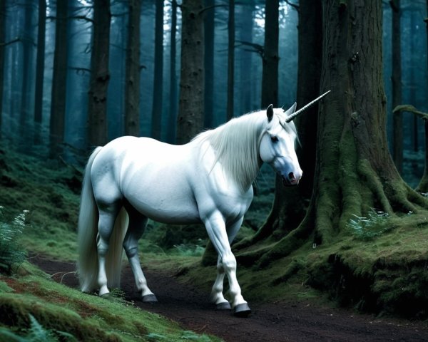 Unicorn in a Misty Forest Path with Lush Foliage
