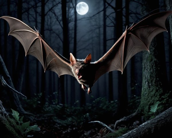 Large bat in flight against dark moonlit forest