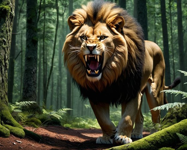 Lion in Lush Forest with Roar and Vibrant Mane