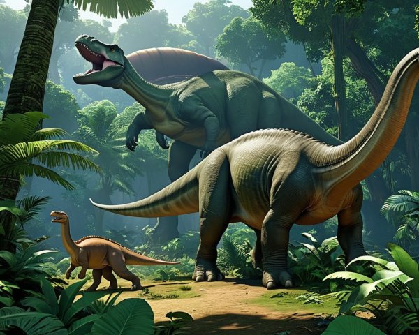 Dinosaurs in a Prehistoric Jungle Setting