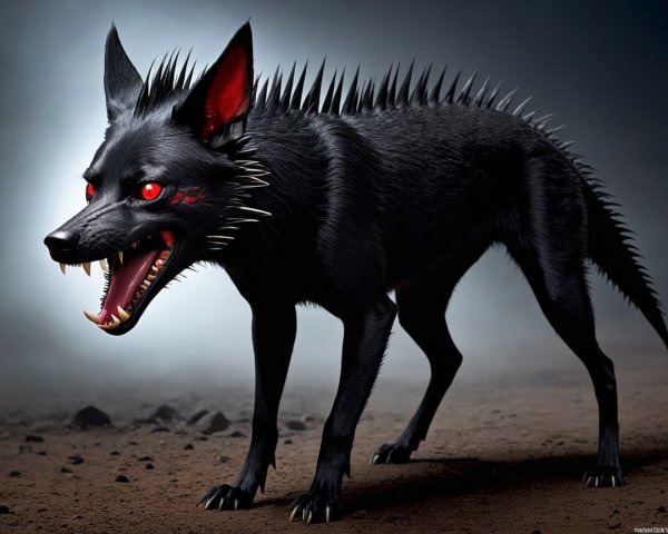 Mythical black dog in a desolate, ominous landscape