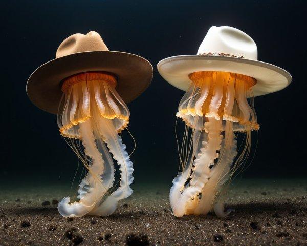 Whimsical Jellyfish with Stylish Hats Underwater Scene