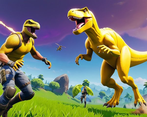 Dinosaur Costumed Characters in Animated Landscape Scene