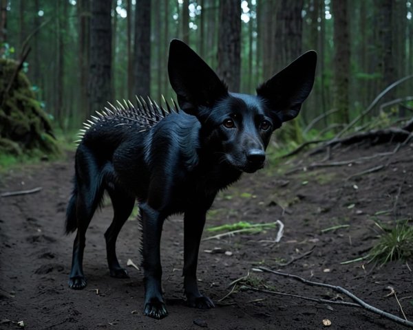 Mysterious Black Dog on Forest Path Surrounded by Trees