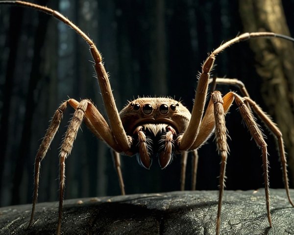 Close-up of a large spider in a dim forest setting