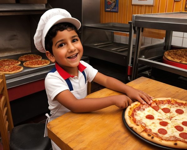 Young boy with pizza in cozy pizzeria setting
