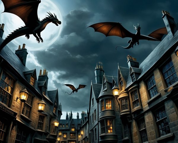 Mysterious village with dragons under a full moon