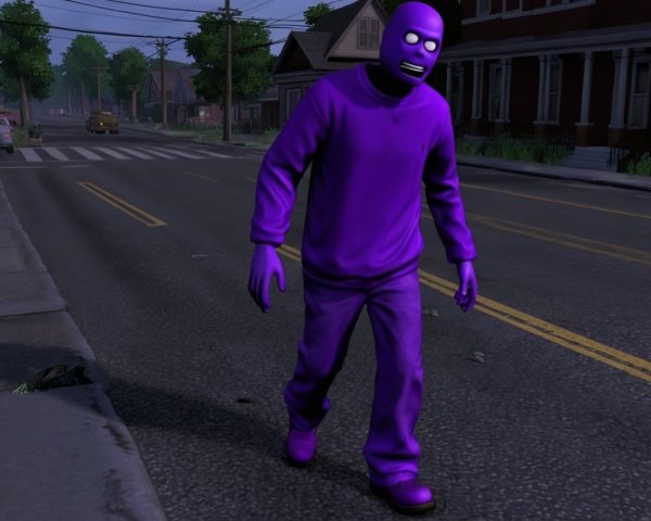 Purple-Dressed Figure in Suburban Neighborhood Setting
