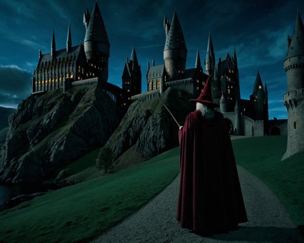 Cloaked Wizard at Moonlit Castle on Rocky Hill