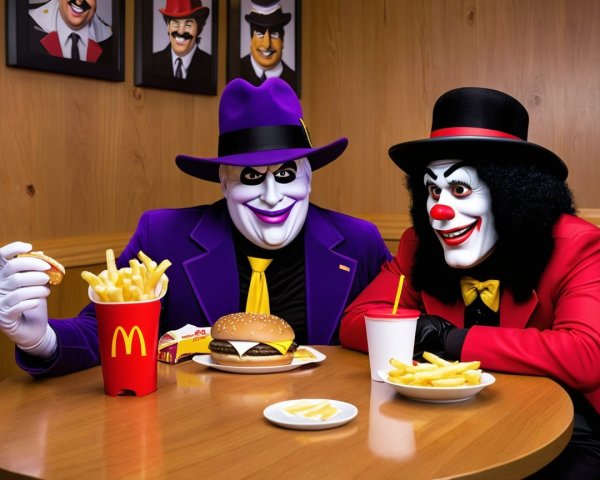 Colorful Costumes in Fast-Food Restaurant Scene