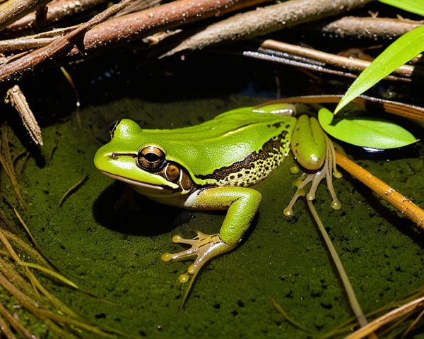 Green Frog on Algae in a Serene Pond Setting