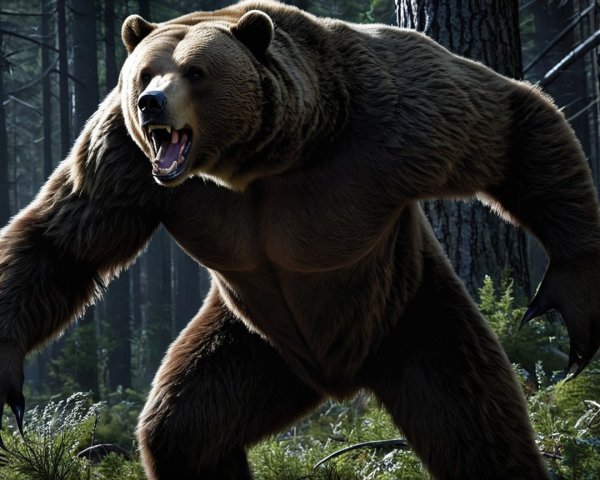 Muscular Bear in Dense Forest with Fierce Growl