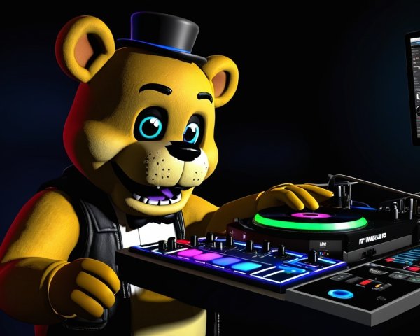 Cheerful bear DJ in tuxedo with colorful lights