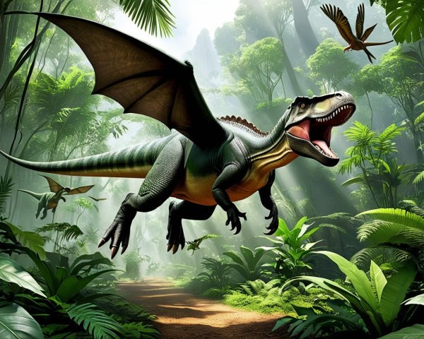 Flying Dinosaur in a Prehistoric Jungle Scene