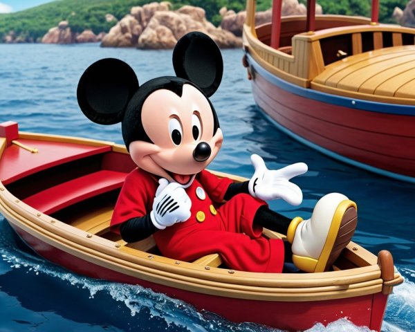 Mickey Mouse in a Rowboat on a Sparkling Ocean