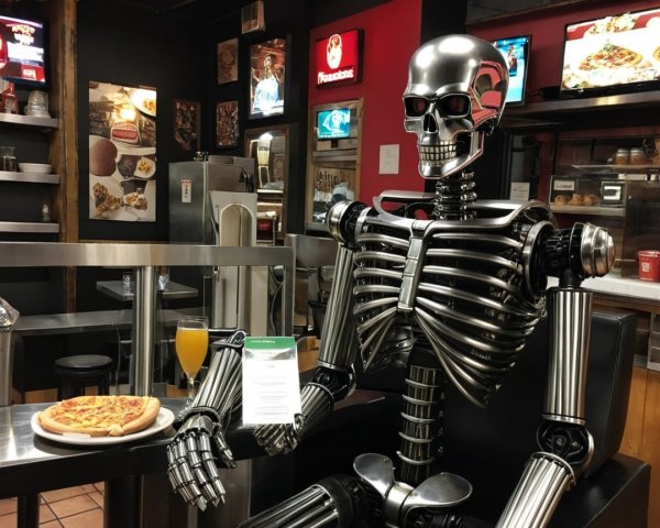 Robotic Skeleton Dining in a Quirky Diner Setting