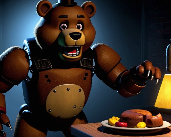 Robotic bear character in a dimly lit room