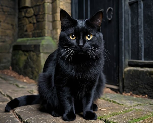 Sleek Black Cat on Cobblestone Pathway with Stone Walls