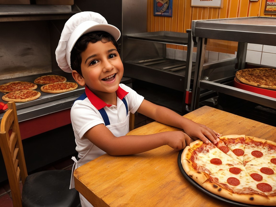 Young boy with pizza in cozy pizzeria setting