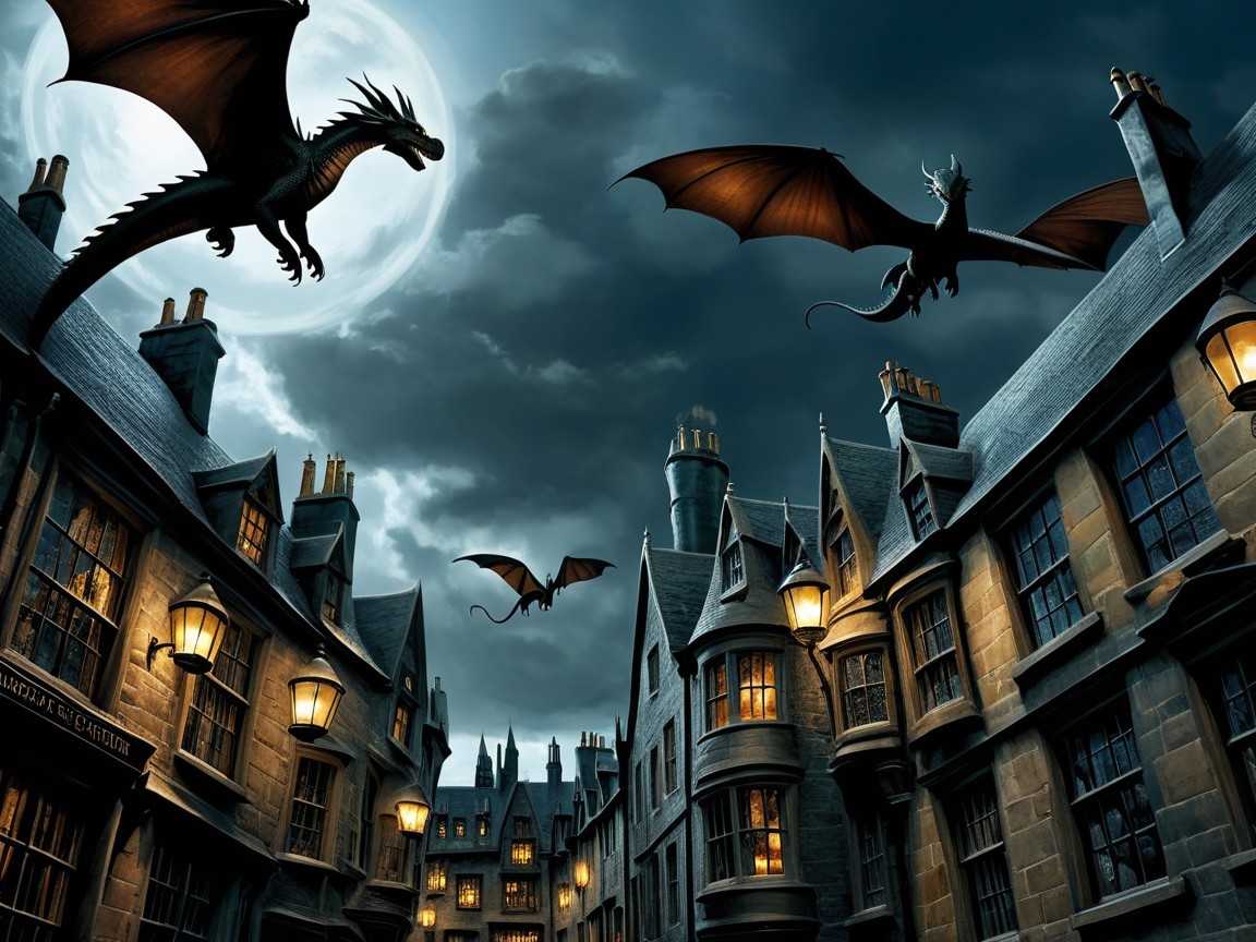 Mysterious village with dragons under a full moon