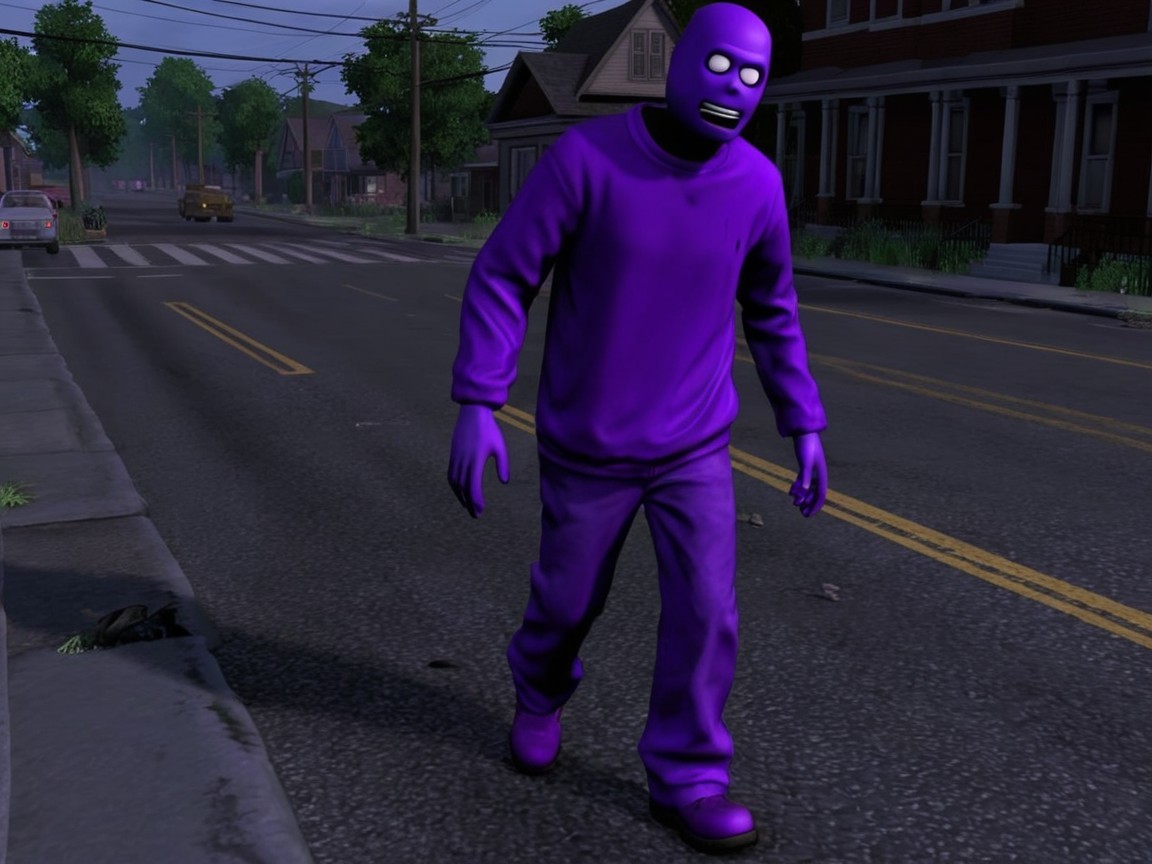 Purple-Dressed Figure in Suburban Neighborhood Setting