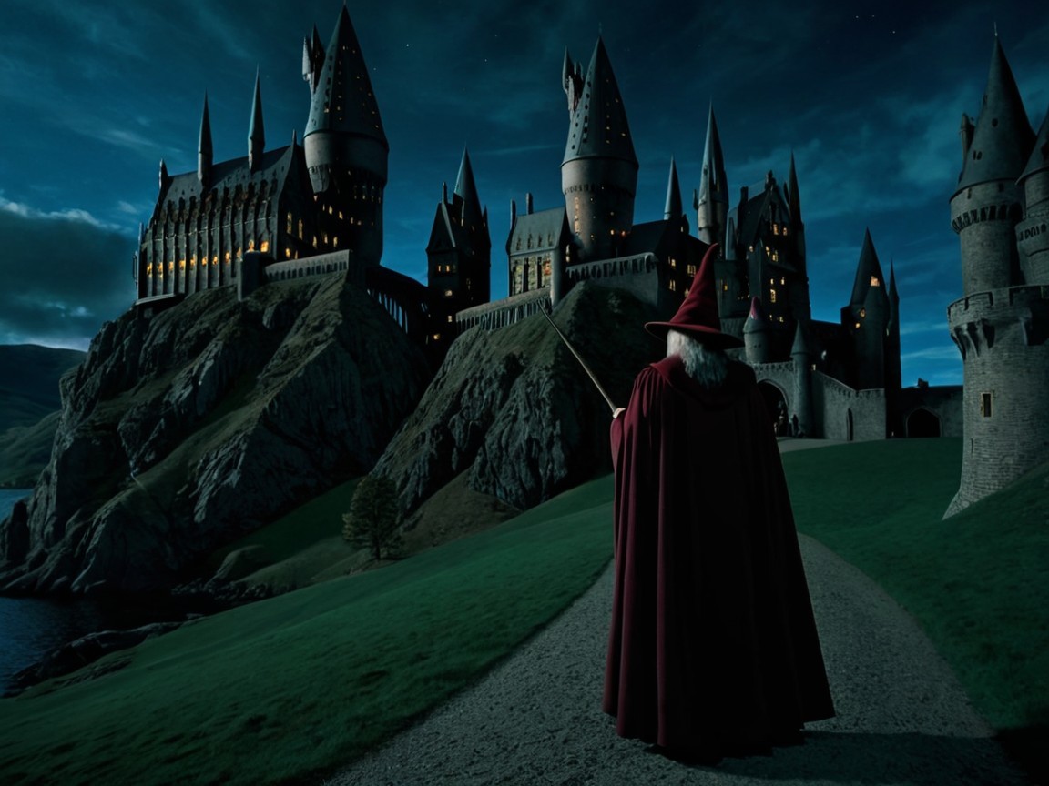 Cloaked Wizard at Moonlit Castle on Rocky Hill