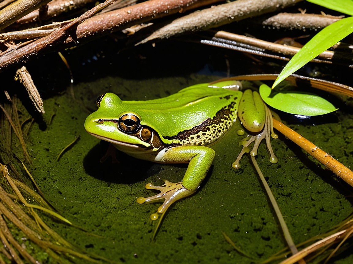 Green Frog on Algae in a Serene Pond Setting